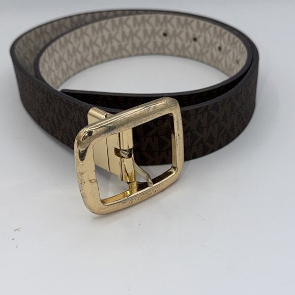 Michael Kors Logo Belt, Vanilla Brown Medium 36” Twist Reversible MK all-over - Picture 1 of 10